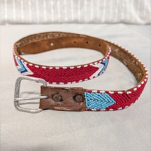 Vintage 90's Beaded Brown Leather Belt